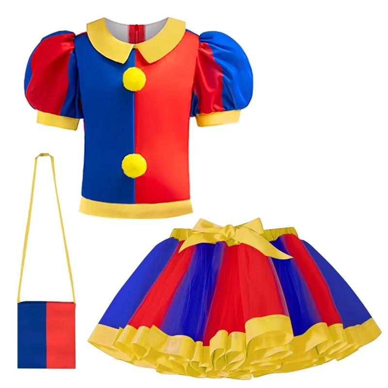 Fashion Amazing Circus Kids Clown Cosplay Costume Halloween Carnival Christmas Easter Tops+Skirt+Bag 3pcs Birthday Clothing 8Yrs