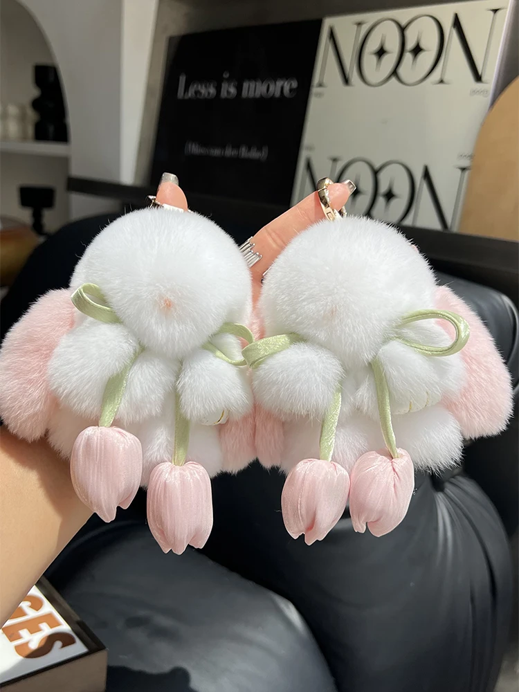 Cute Real Rex Rabbit Fur Keychain Mini Bunny Pendant Women Bag Charm Car Key Ring Ornaments Girl Plush Toy Trinkets Classic Gift