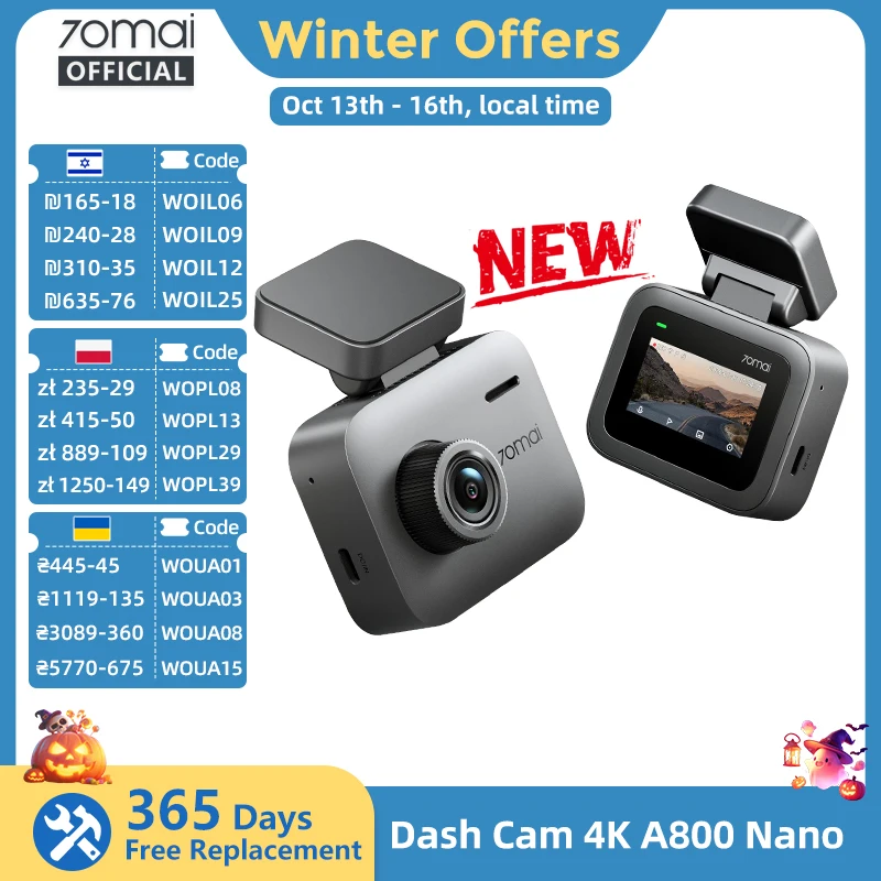70Mai Dash Cam A800 Nano True 4K Hdr with 140 ° Fov, F1.55 Aperture Wi-Fi 6 Supercapacitor Car Camera 70Mai A800 Nano Compact Body