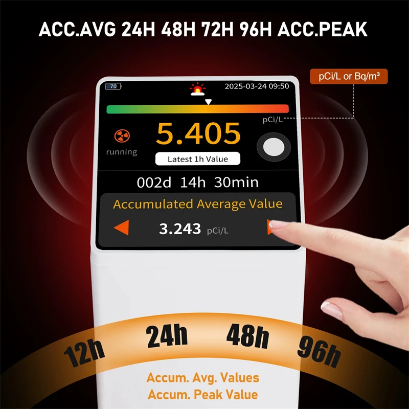 كاشف الراديون شاشة تعمل باللمس مراقبة الغاز متر شاشة LCD ملونة إنذار مسموع ومرئي pCi/L أو Bq/m3 ± 10% دقة تقرير PDF