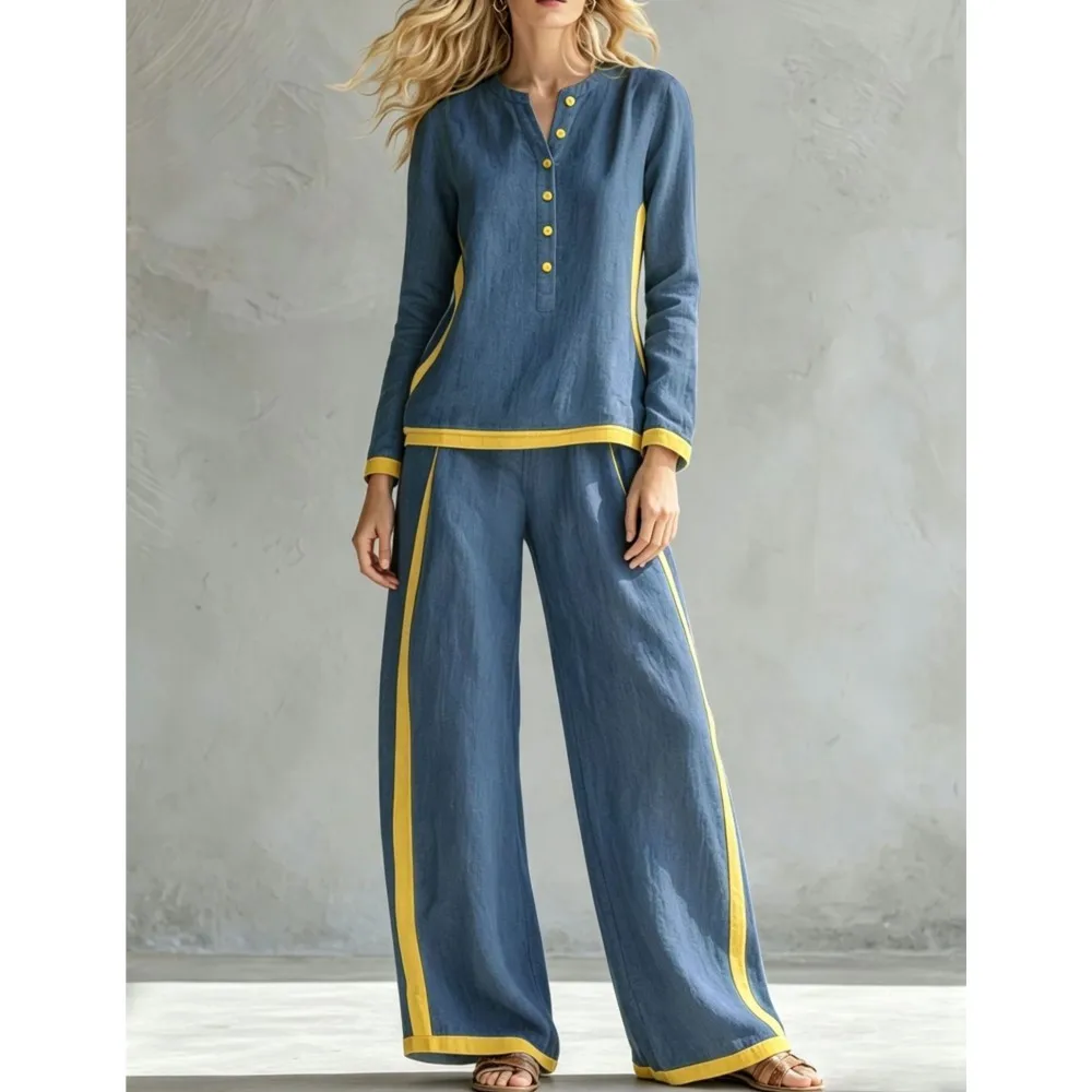 Autumn Fashion Color-Contrast Patched Buttoned Half-Closed Shirt Wide Leg Pants 2 Piece Set Casual Women Office Daily Pants Suit