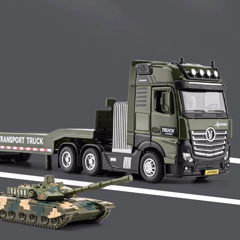 1:50 Military Flatbed Trailer Alloy Car Model Semi Trailer Transport Vehicle Model With Tank Sound and Light Simulation Kid Gift