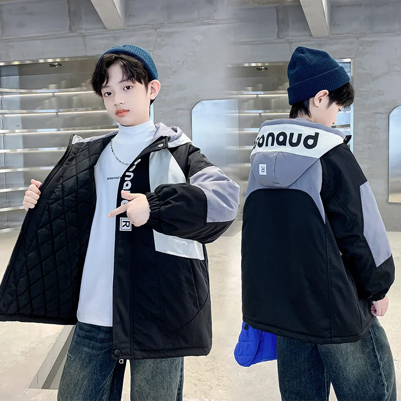 Boys' Thick Coat New Winter Thick Edition Children's Color blocked Korean Version Middle and Large Boys' Winter Hoodie Trendy