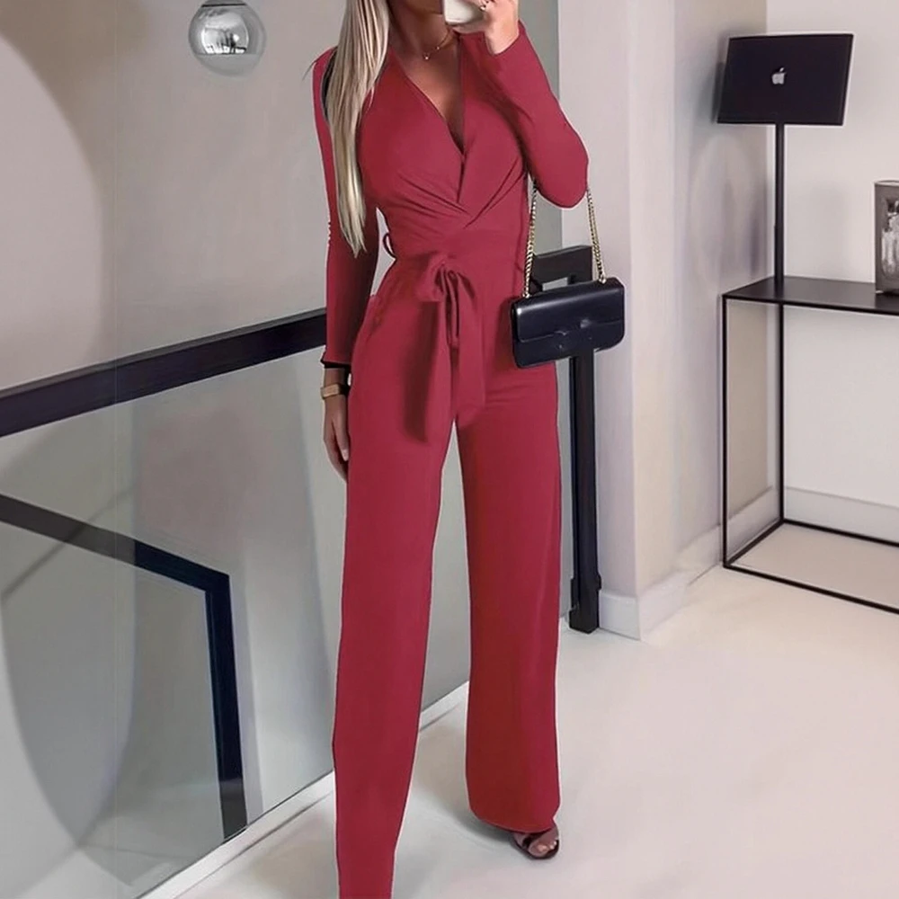 

Casual Round Neck Jumpsuit Decorative Elements Absent Fit Style Women's All-in-One Pants