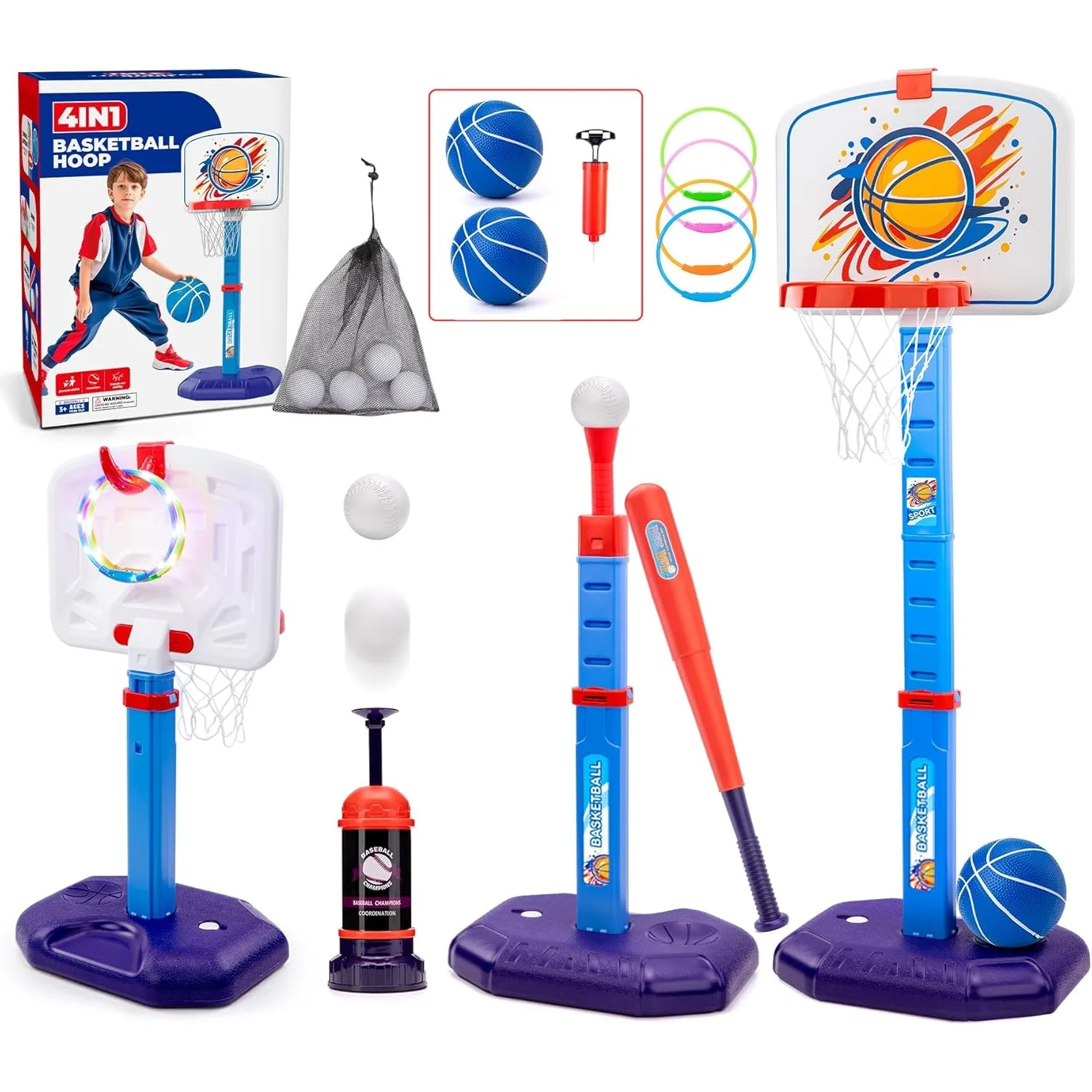 Set di canestro da basket 4 in 1 per bambini e set di palline a T con lanciatore automatico Gioco di anelli di lancio per giocattoli sportivi per bambini all'aperto per interni