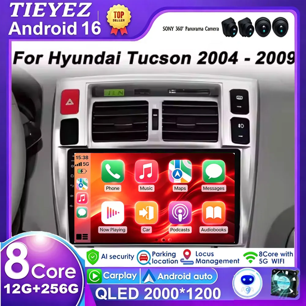 Android 16 Car Multimedia Player for Hyundai Tucson 2004-2009 GPS Navigation Carplay Stereo Video Radio with Auto Features