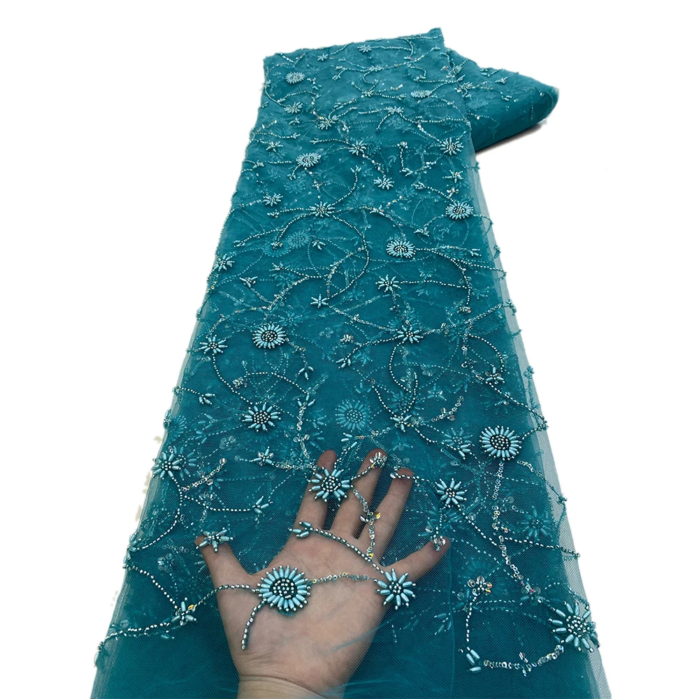 

African Handmade Heavy Sequins Tulle Lace Fabric 2024 High Quality French Luxury Beaded Lace Fabric For Bridal Wedding Dress Sew