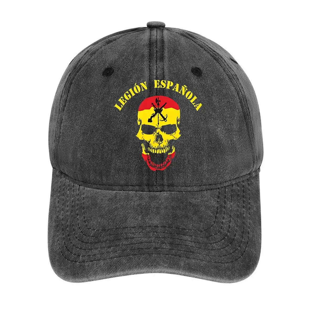 

Skull graphic with Legion Española text giving a bold and edgy military - inspired look Washed Baseball Cap