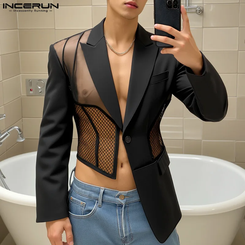 Sexy Casual Style Tops INCERUN 2025 New Men's Thin Mesh Deconstruction Suit Coat Handsome Male Irregular Hem Long Sleeved Blazer