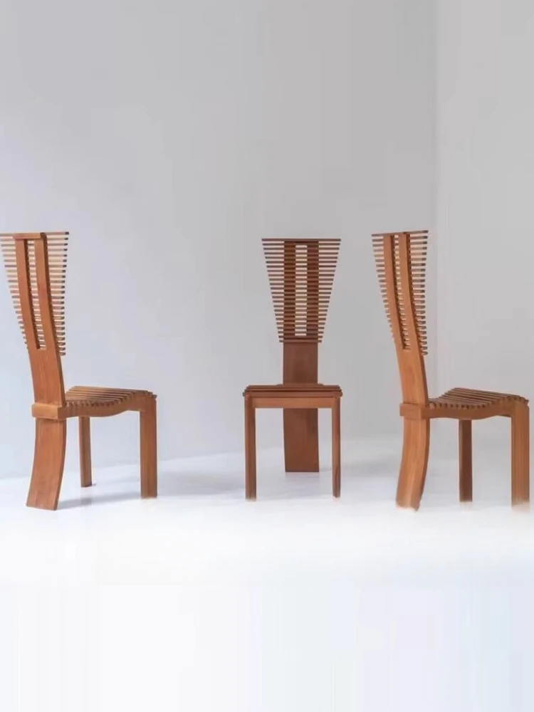 Medieval high back ribs special-shaped dining back chair solid wood teak leisure home designer model room book chair