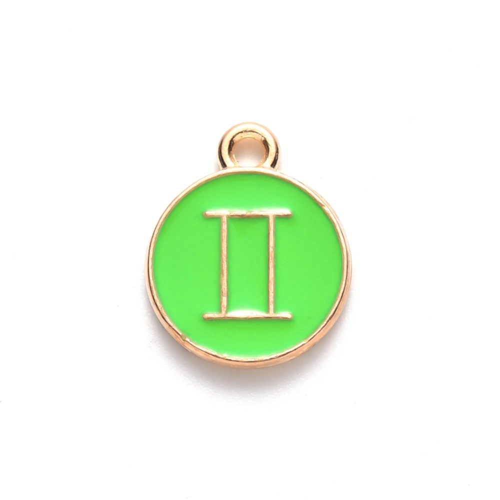 20Pcs Gemini Enamel Pendants Flat Round with Constellation Jewelry Making Charms for Women Festival Gifts Jewelry DIY Green