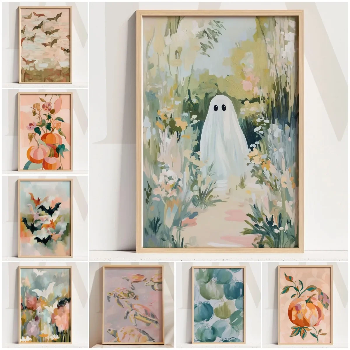 1pc frameless Canvas Painting Fall Floral Painting , Ghost in Garden Autumn Botanical Wall Print, Warm Nature Inspired Artwork H
