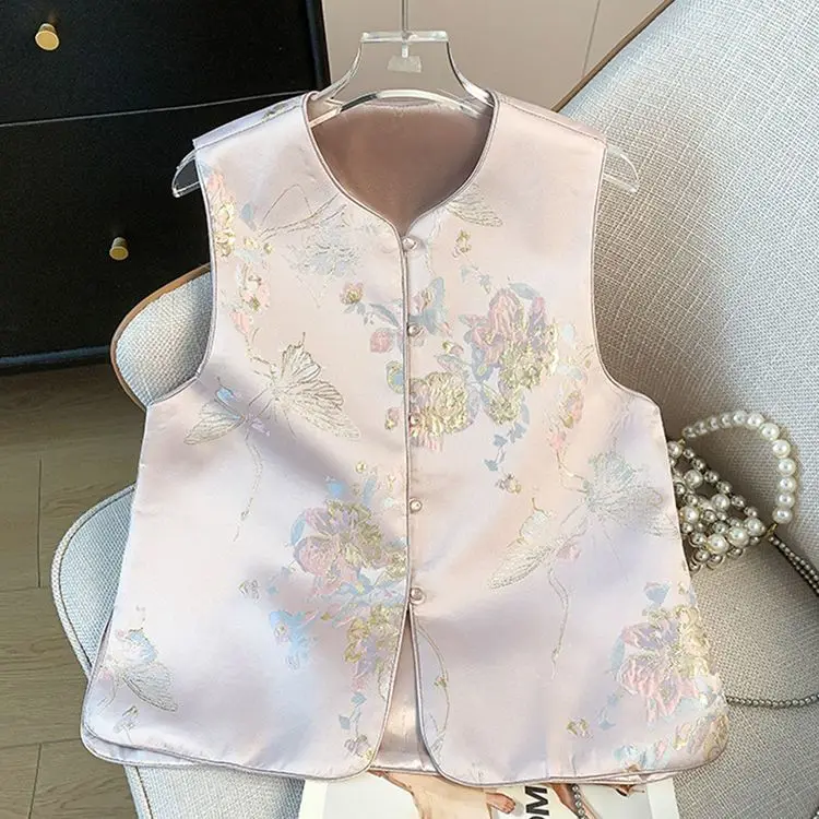 

New Chinese Sle National Trend Retro Embroidery round Ne Buttoned Vest Women's 2025 Spring Summer New High End Lady Perso...
