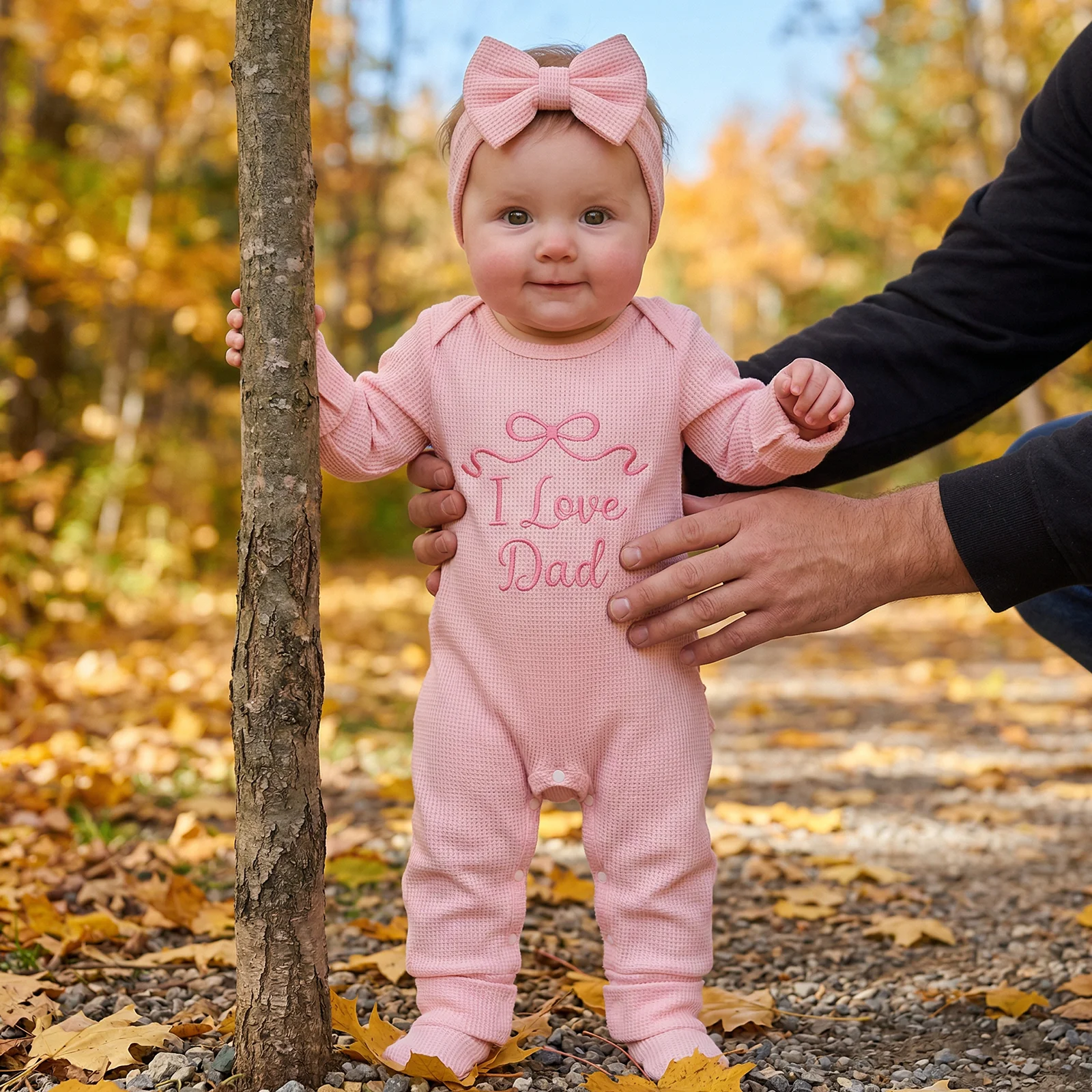 Newborn Baby Girl Father’s Day Waffle Jumpsuit Spring Long Sleeve Crew Neck Bow Letter Embroidery Romper with Headband Set