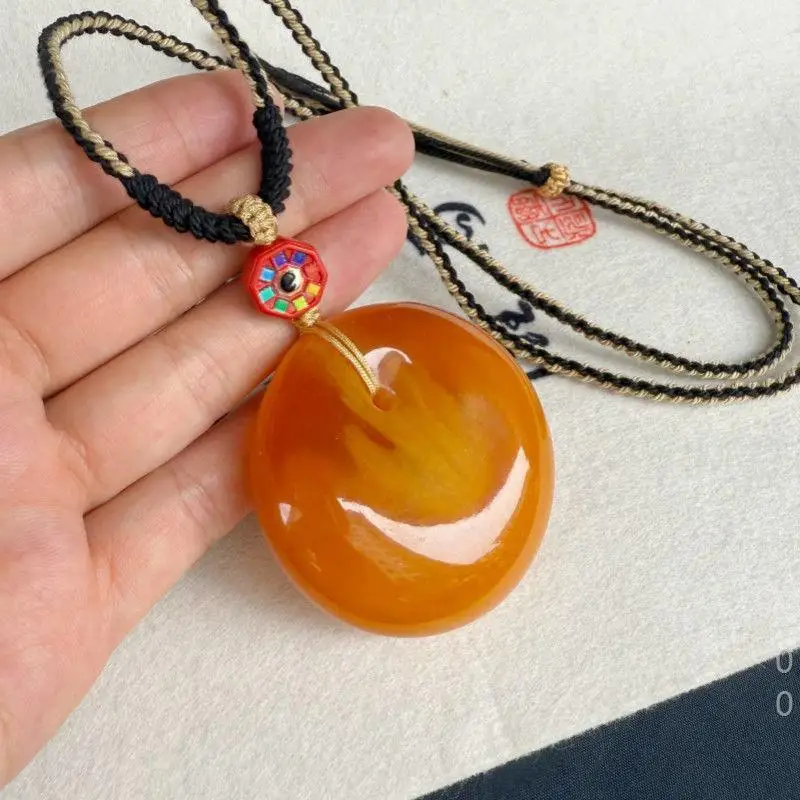 Russian raw amber princess pendant necklace with finely woven cord unpolished and quick-drying
