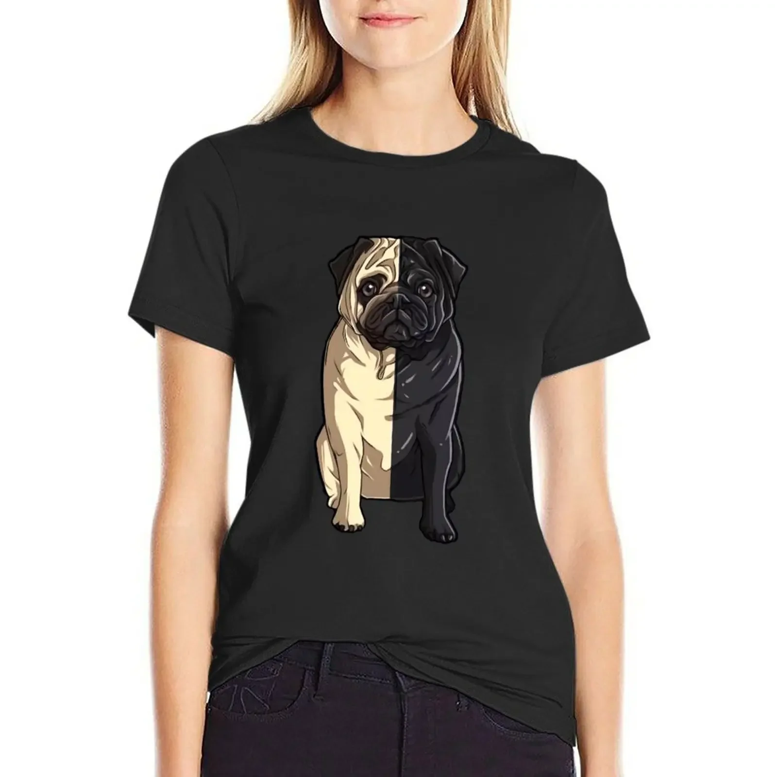 

Half Fawn Half Black pug T-Shirt animal prinfor sweat lady clothes white t-shirt dress for Women sexy