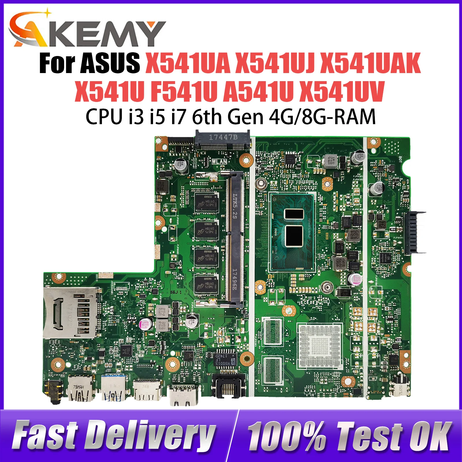 

X541UA Mainboard For ASUS X541UJ X541UAK X541U F541U A541U X541UV X541UVK Laptop Motherboard CPU I3 I5 I7 6th Gen 4G/8G-RAM