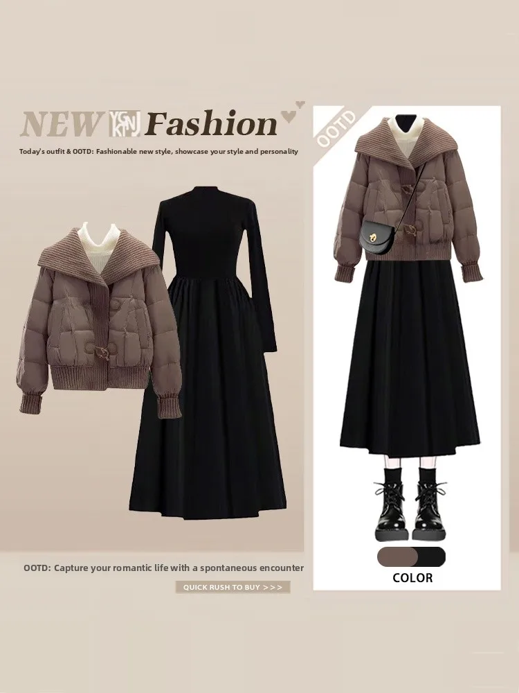 

Зимний хлопковый комплект Hebe Sle: куртка и юбка миди с высокой талией и пуговицами, свободный крой, модный женский наряд