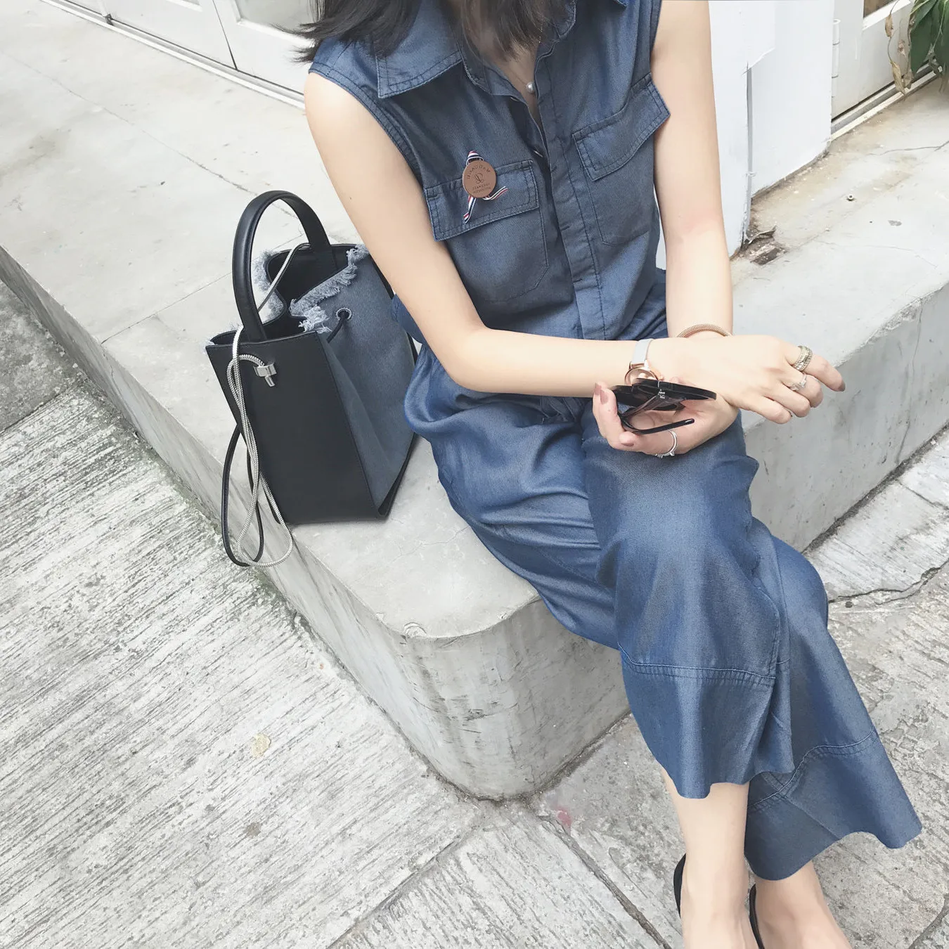 Modny kombinezon jeansowy z szerokimi nogawkami z jedwabiu z Doliny Dyni, wyszczuplający, casualowy, letni, nowy model 2024, wygodny do dojazdów do pracy, długie spodnie.