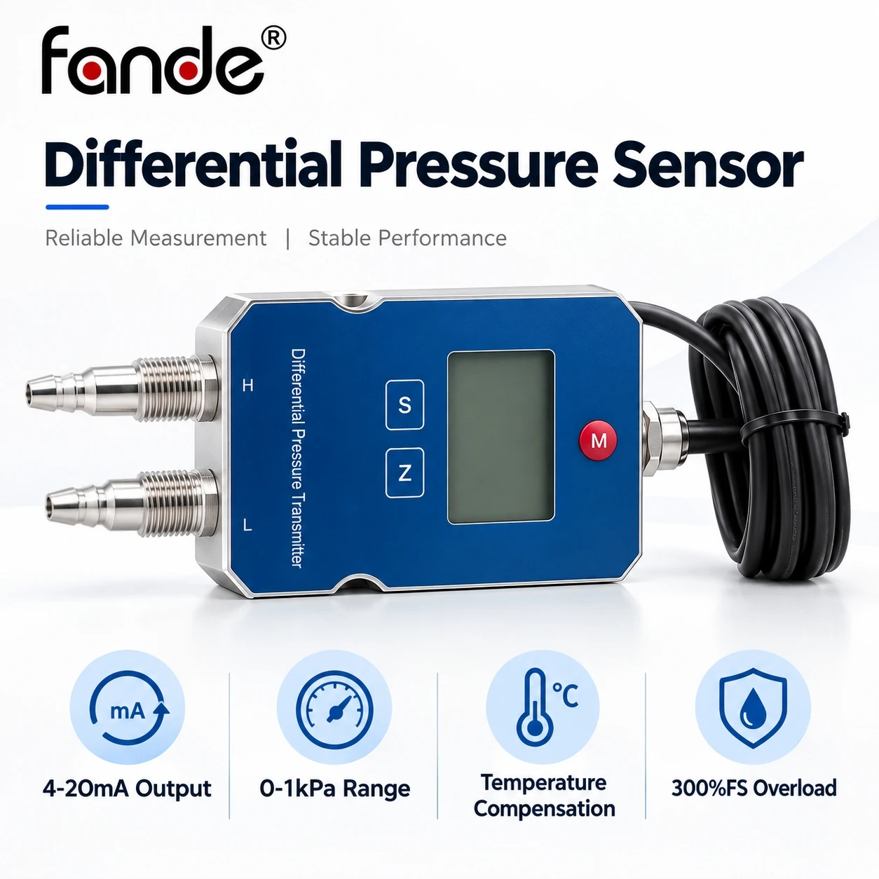 Differential Pressure Transmitter 4-20mA 0-1kPa Low Pressure Sensor HVAC Air Flow Sensor Ventilation Pressure Sensor IP65
