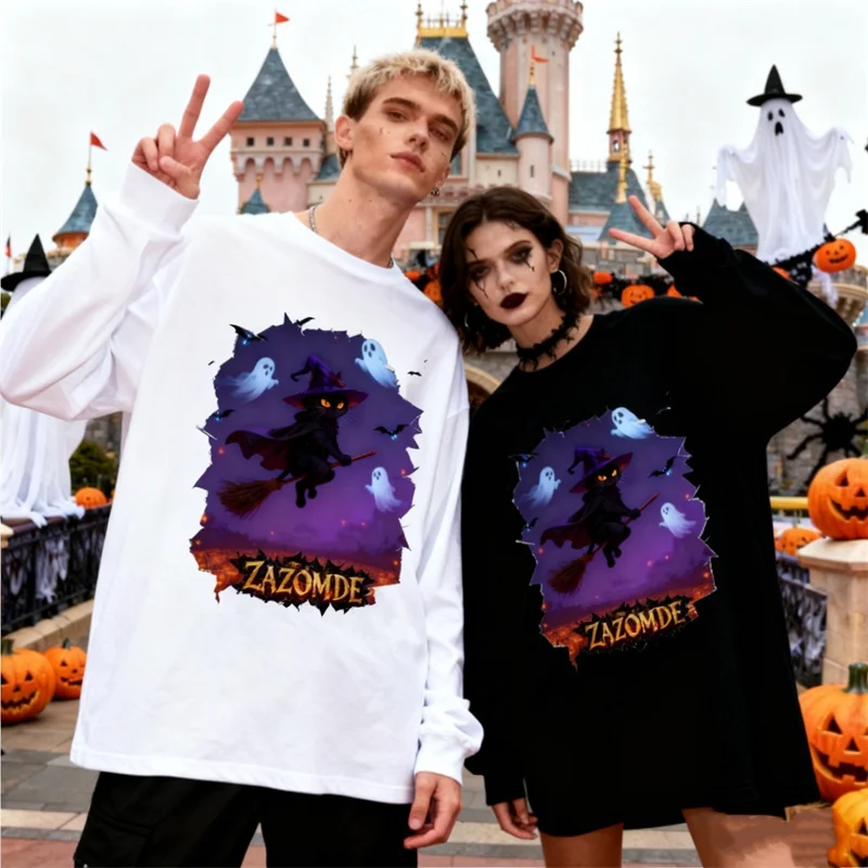 

ZAZOMDE мультфильм черный кот на метли Хэллоуин хлопковая рубашка с длинными рукавами забавный дизайн для пары одинаковой и семейной одежды