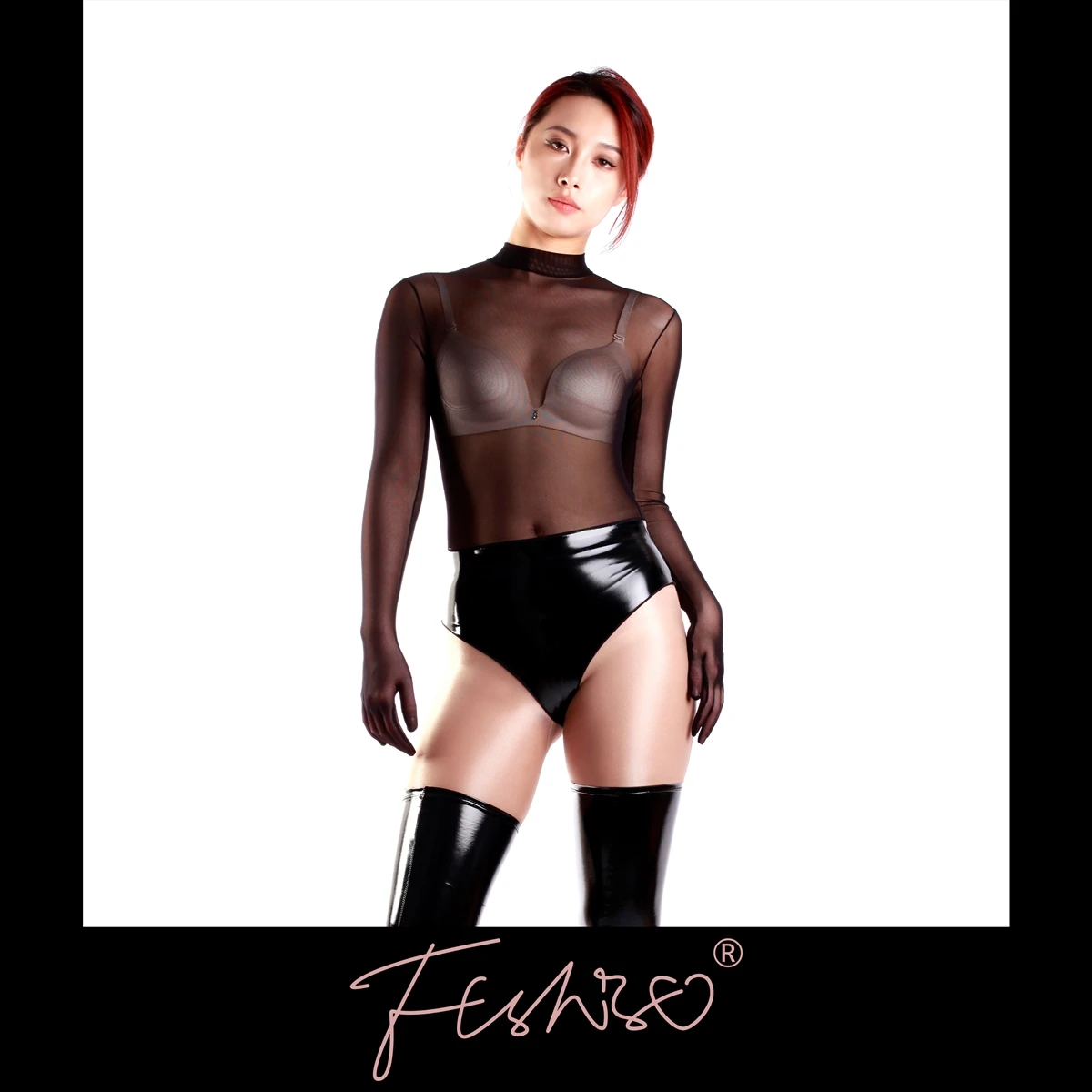 Ftshist Women Sexy Sheer Mesh Bodysuits With Gloves Solid Color Body Top Long Gloves One-piece Bodycon Back Zipper Round Collar