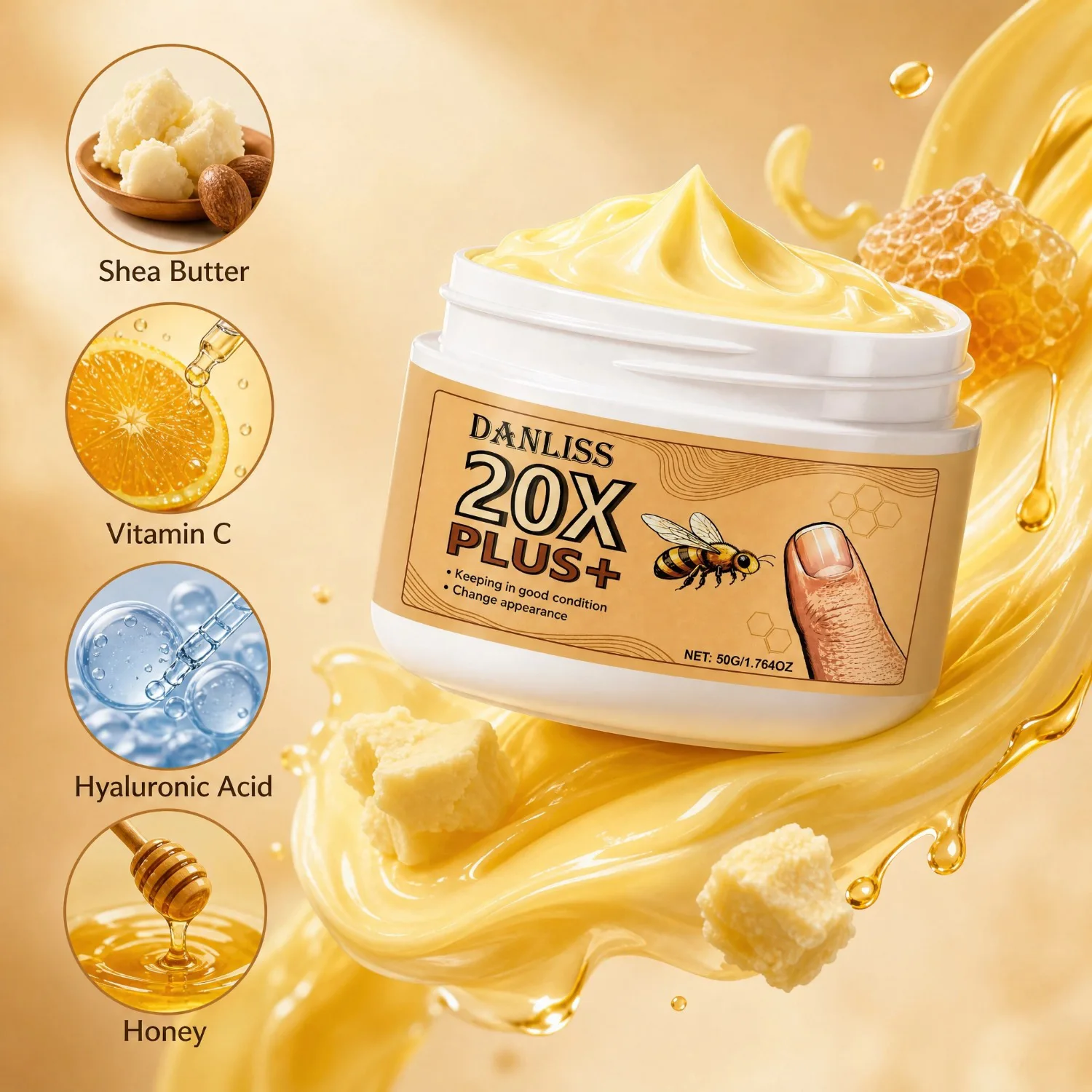 20X Plus+ Nail Cream, Honey Shea Butter Vitamin C Hyaluronic Acid, Deep Moisturizing Nail Strengthening.
