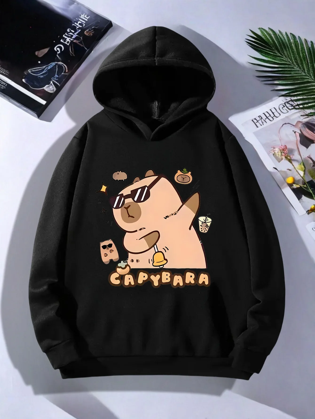 Kids Fashion Cartoon Hoodie Trendy Capybara With Decor Elements Pullover Autumn Winter Fleece Warm Streetwear Hooded Sweatshirt