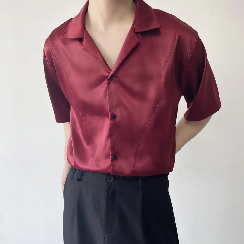 Summer Men\'s Stylish Shirt Cuban collar Satin Silk Wine Red Dress Shirts Short Sleeve Tops Wedding Prom Party Holiday Blouse Man