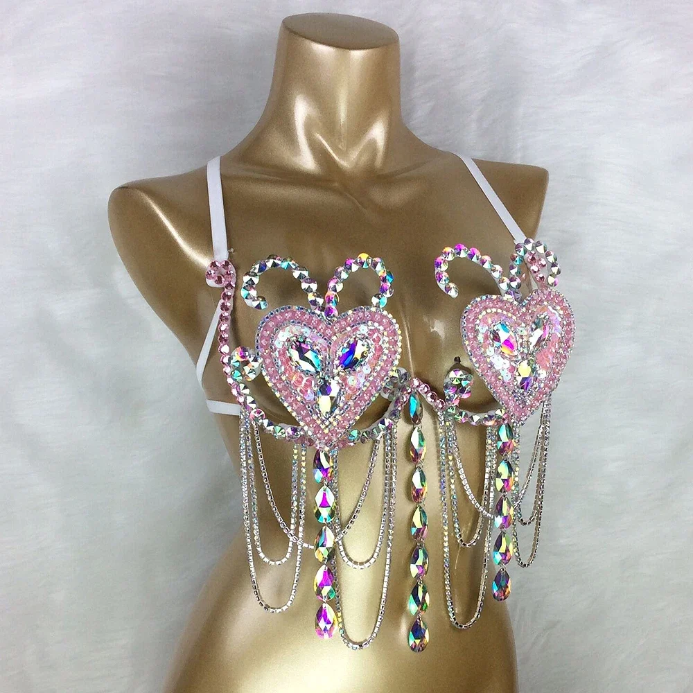 Ropa de baile de la Reina del vientre, traje de Gogo, sujetador brillante de Samba de carnaval, bikini de cristal, Arco Iris, rosa, piedra roja, sujetador de alambre para danza del vientre