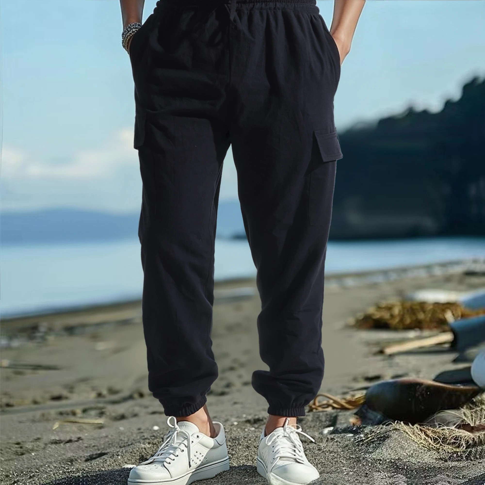 New men's cotton and linen solid color comfortable material retro casual loose fashion trend multi-pocket pants