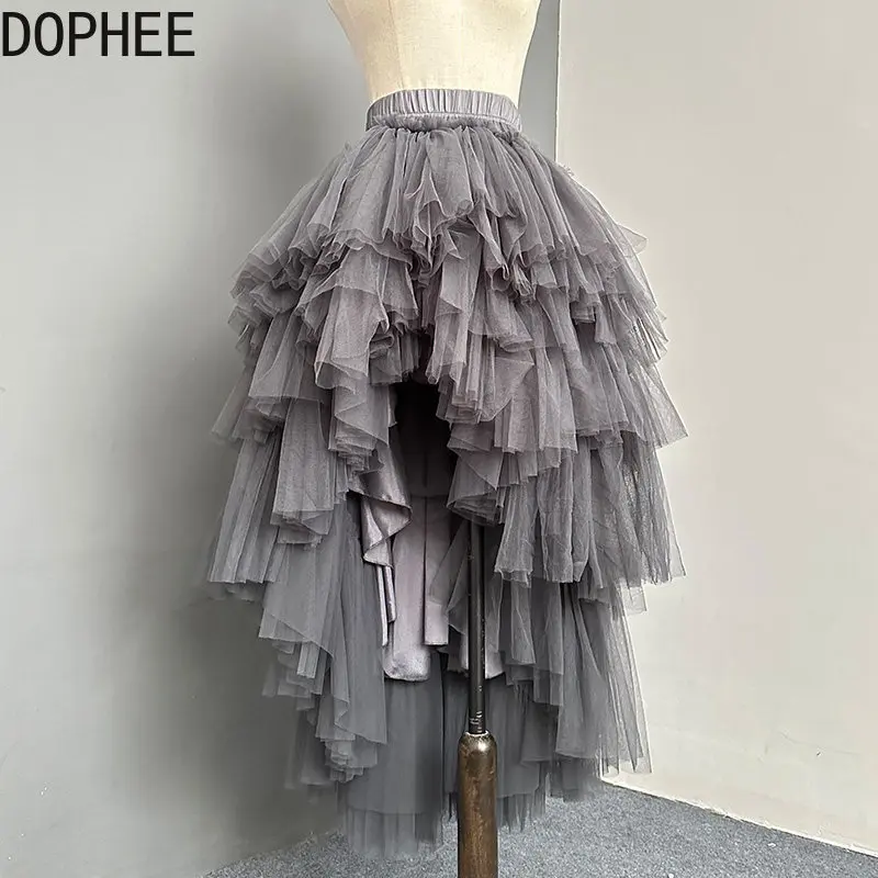 Original Mid-length Irregular Performance Women's Fluffy Skirt Elastic High Waist Banquet Skirt Elegant Mesh Layered Cake Skirts