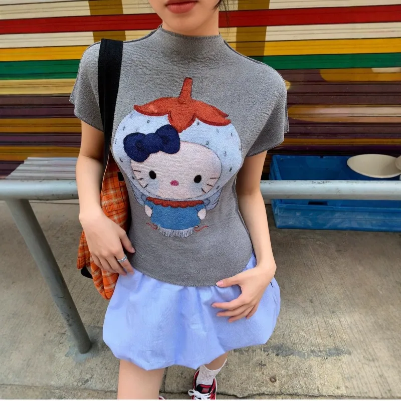 

Miyake Pleated Personality Print T-Shirt 2026 Hot Style Slim Fit Versatile Pleats Top Miyake Cartoon Cat Print T-Shirt for Women