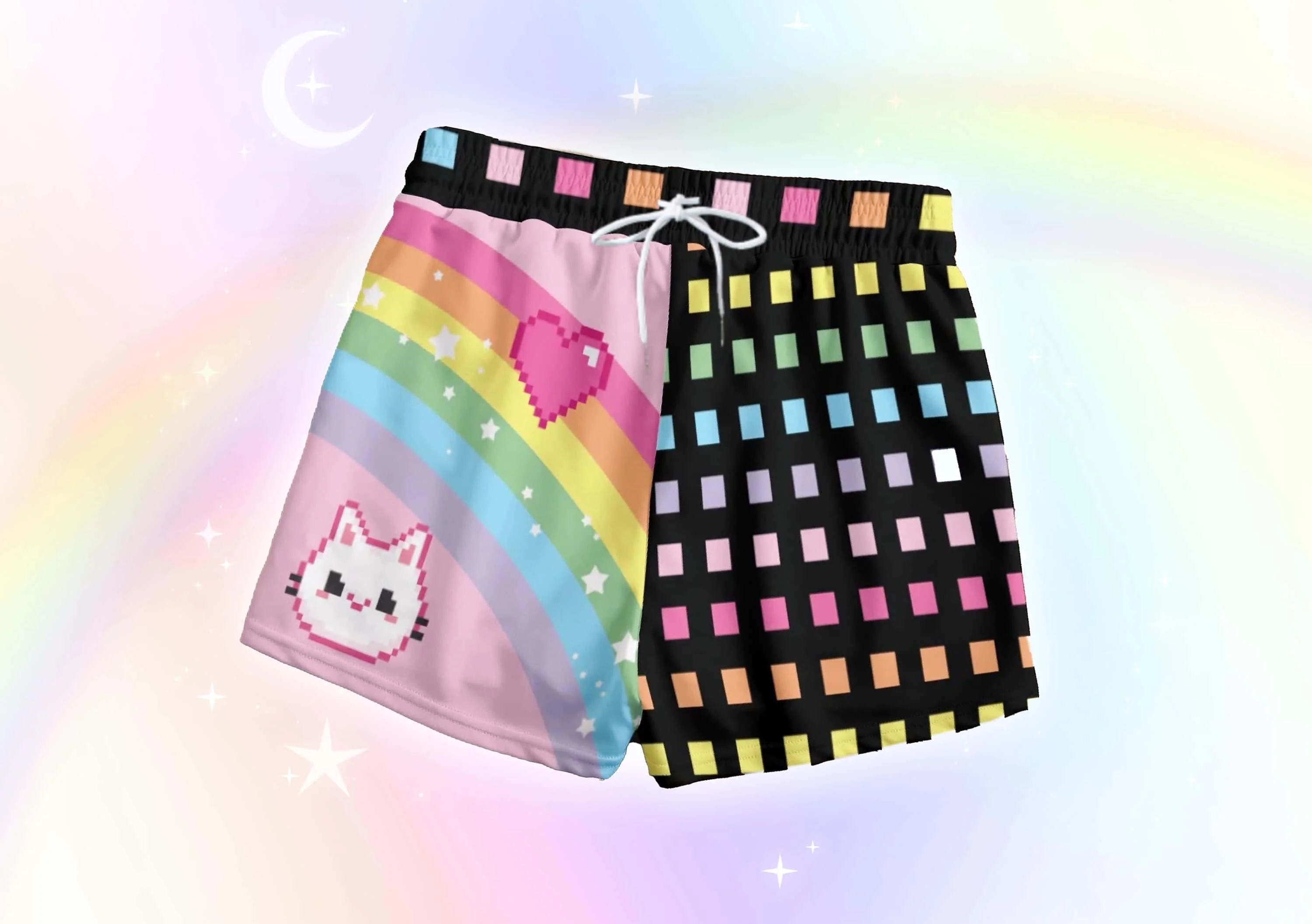 Sweet and Cool Pixel Cat Rainbow Printed Shorts Y2K Macaron Contrasting Color Grid Plus Size Loose Casual Versatile Shorts
