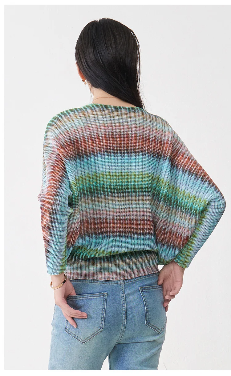 IN  STOCK Long Sleeve Premium Striped Ruched T-Shirt Batwing Sleeve Loose Versatile Tee Round Neck T-Shirt HOT SELLING