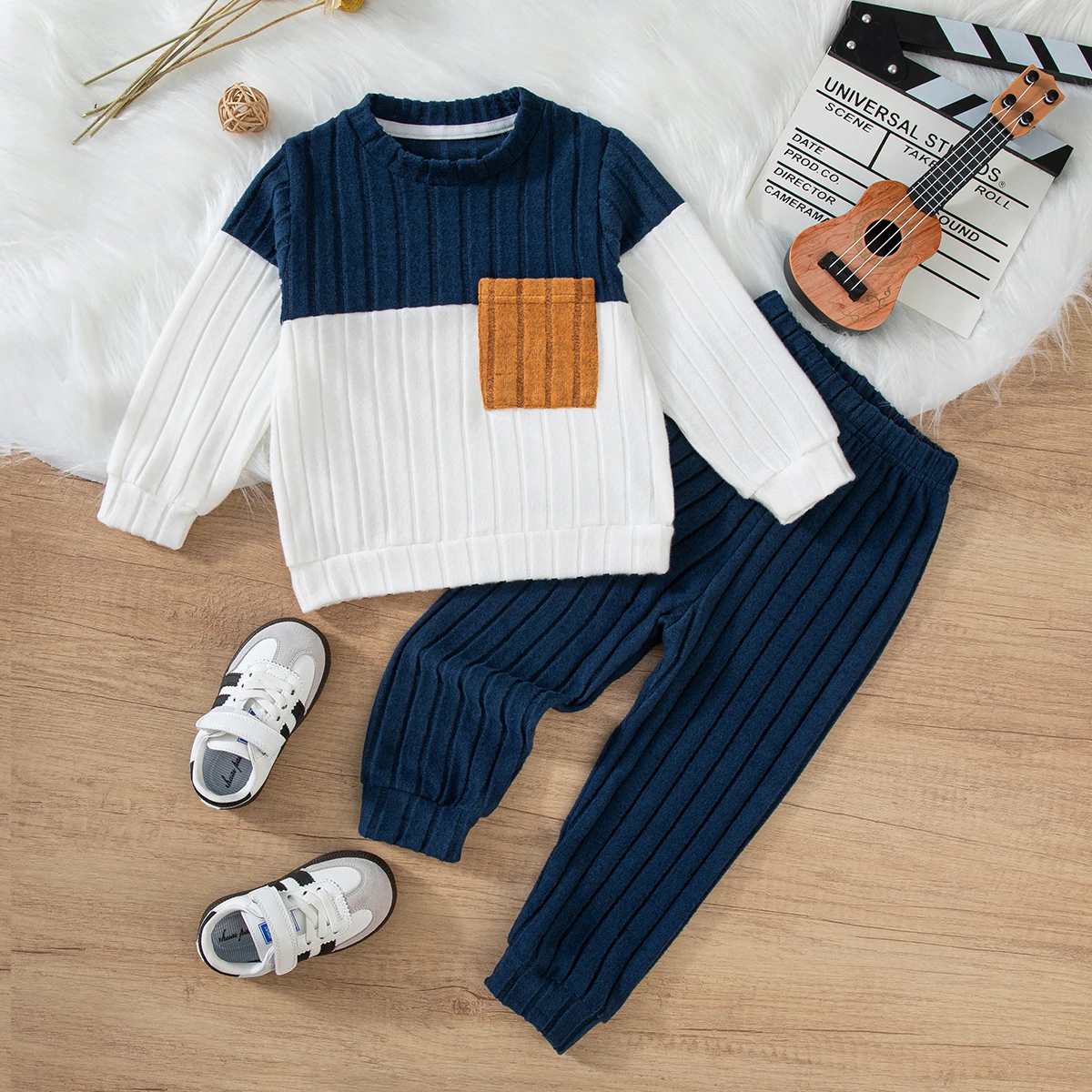 Spring Autumn Boys Ribbed Striped Tracksuit, Color Block Long Sleeve Top & Elastic Waist Pants, 2Pcs Clothing Suit For 1-7Y Boys
