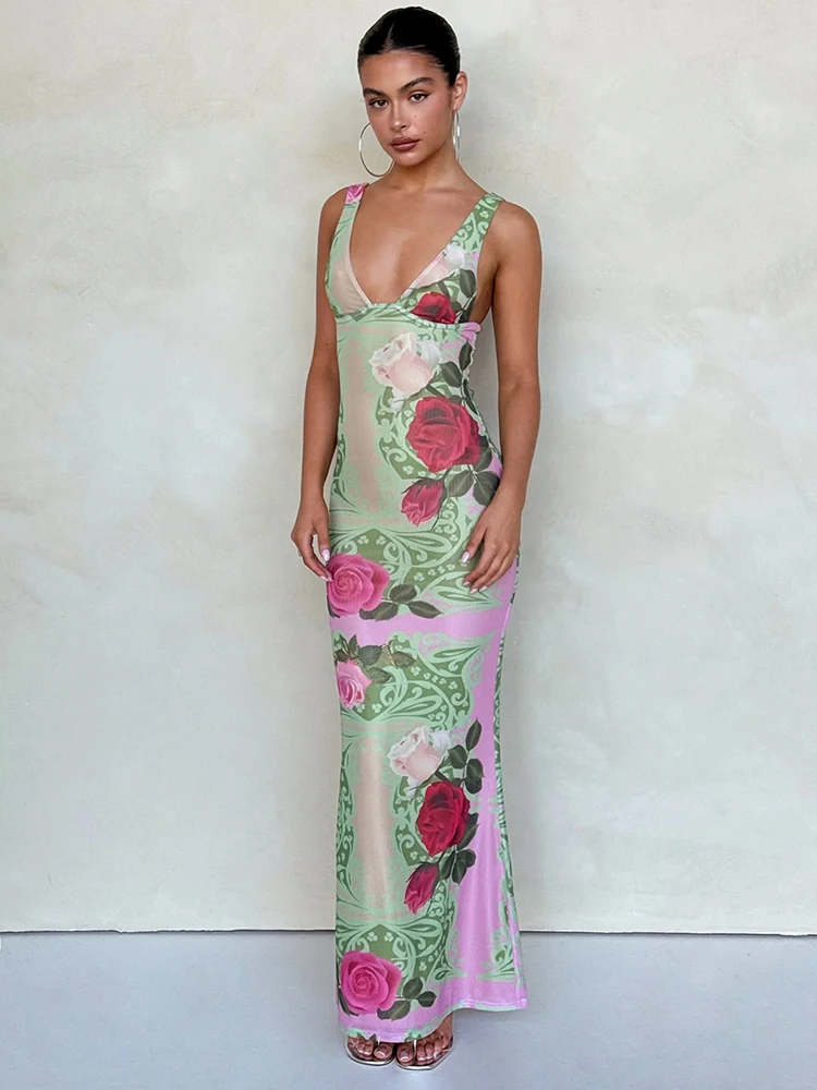 Mozision Deep V Neck Floral Print Maxi Dress For Women Fashion Green Sleeveless Backless Bodycon Club Party Sexy Long Dress