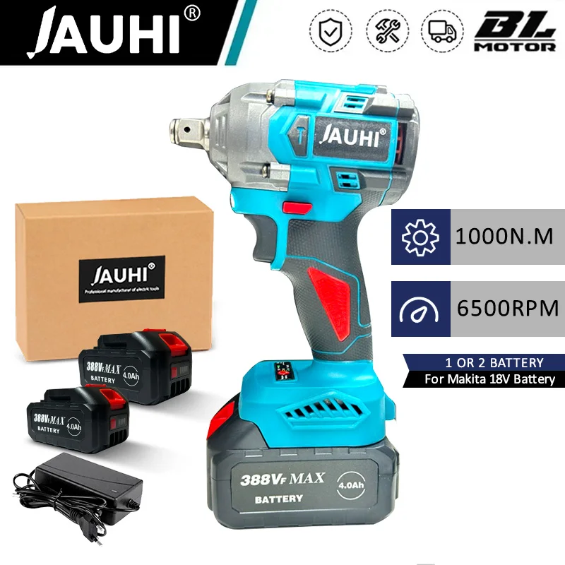 

JAUHI 1000N.m Brushless Electric Wrench 1/2 Inch Cordless High Torque Car Driver Impact Power Tools For Makita 18V Battery