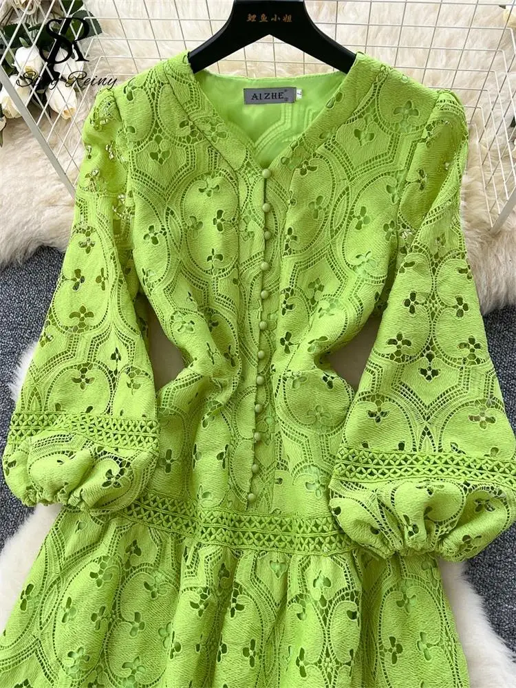 Spring French Vacation Fashion Dress Women Buttons Hook Flower Hollow Out Design 2025 High Quality Lace Ruffles Long Dress