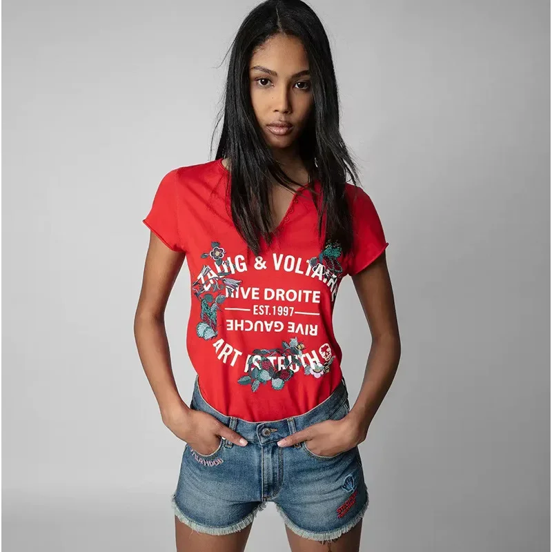 2024 Frühling/Sommer neue französische Stil zv klassische Brief gedruckt Blume bestickt U-Ausschnitt Kurzarm T-Shirt für Frauen T-Shirt