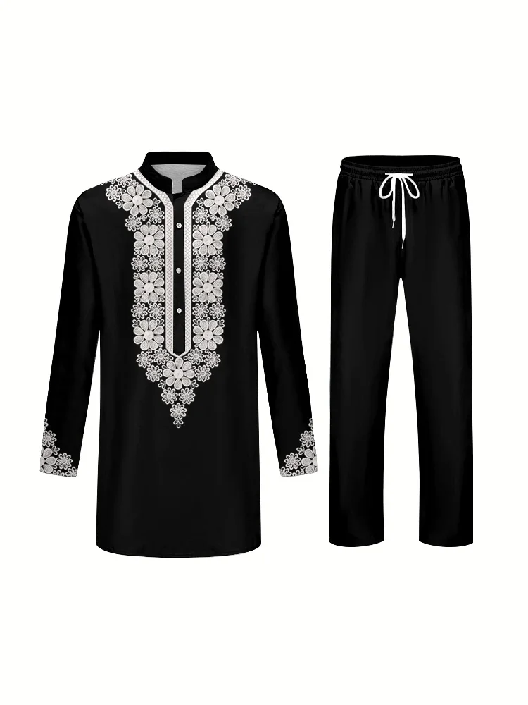 Spring/Summer Season Men's Suit Blouson Collar Long Sleeve Shirt and Trousers Elegant Fashion 3D Printed Two Piece Suit Clothing