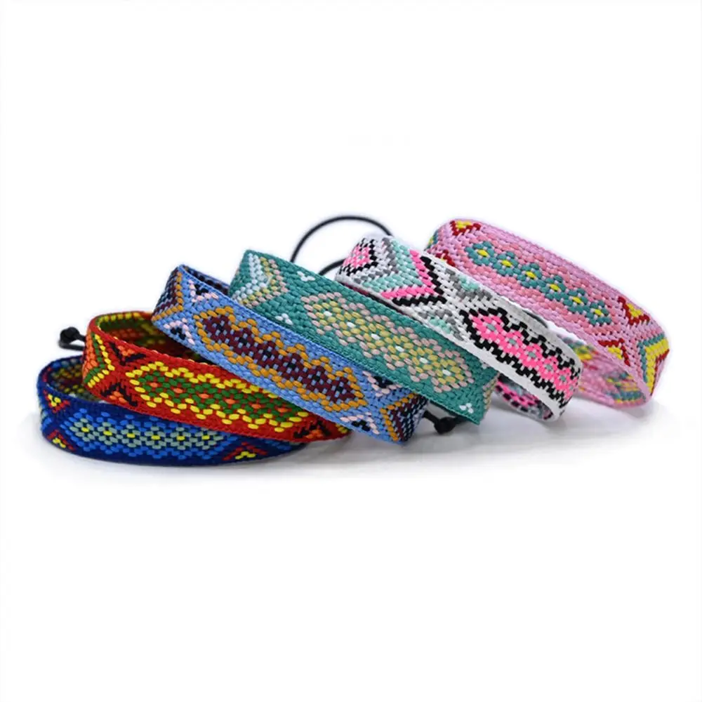 Multicolor Colorful Webbing Bracelets Ethnic Style Geometry Pattern Fabric Art Bracelet Vacation Color Matching Weave Hand Rope