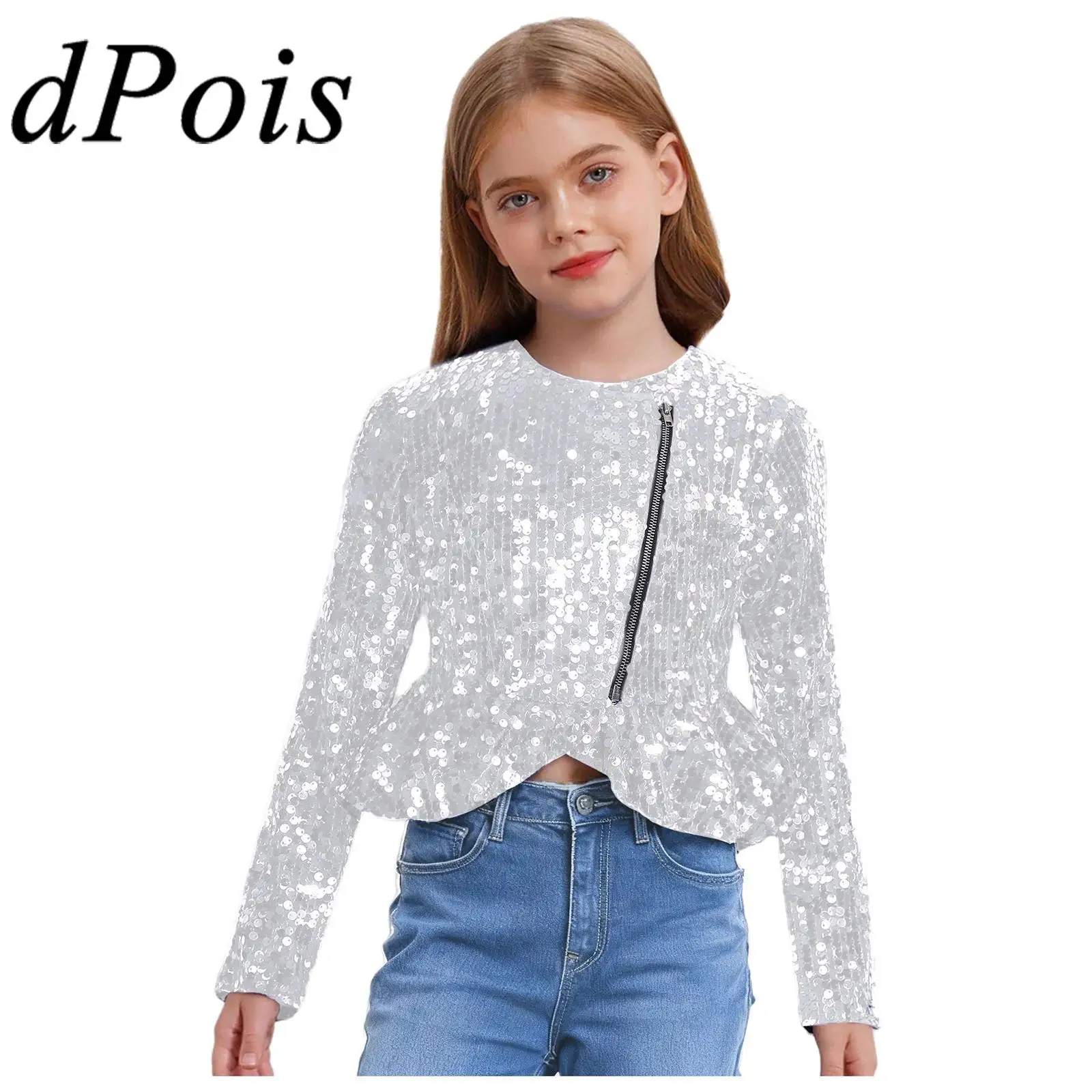 

Fashion Girl's Coats Festive Disco Sparkle Streetwear Girls Sequin Jackets Sequin Top Music Festival Ruffled Peplum Outerwear