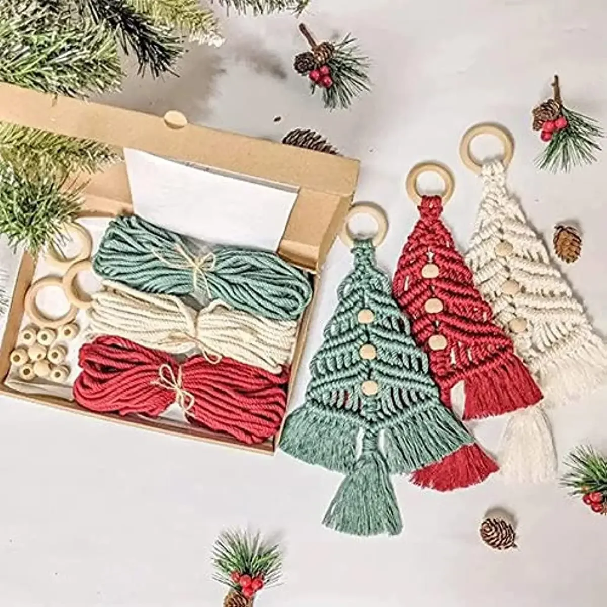 

3Pcs Christmas Tree DIY Kit Woven Macrame Trees Wall Hangings Boho Decor Handmade Xmas Home Decoration Hanging Gift for Child