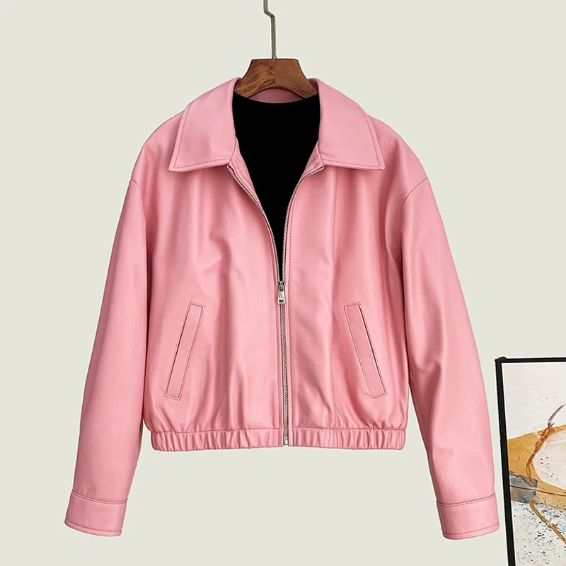 2025 automne hiver veste en peau de mouton manteaux pour femmes mode Simple fermeture éclair taille élastique femme en cuir véritable veste décontractée hauts