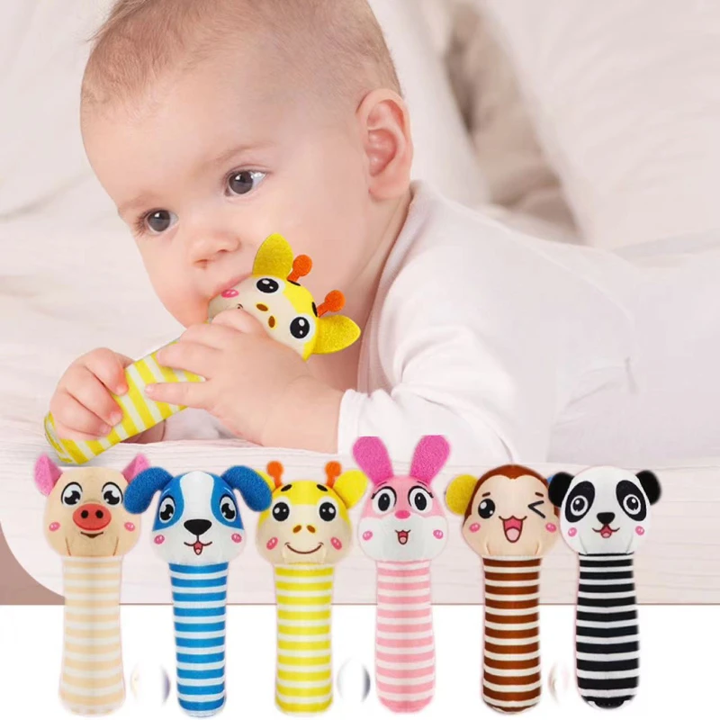 0-3 Years Infant Soothing Animal Shape Hand Puppet Toys Hand Grip BB Sticks Plush Handbells Exercise Hearing Washable BB Stick