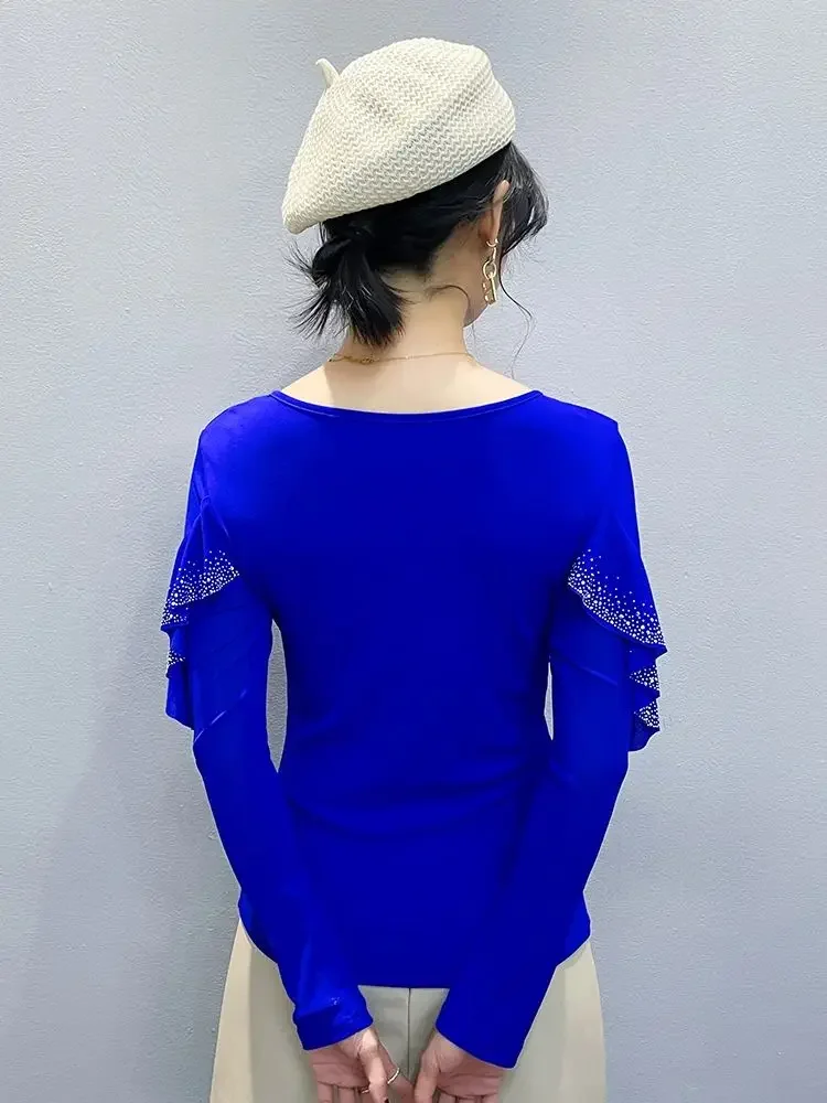 Women's Fashion Rhinestone Long Sleeve Top, Sparkly Glitter Dance T-Shirt, V-neck Slim Fit Tee, Spring Summer Going Out Top