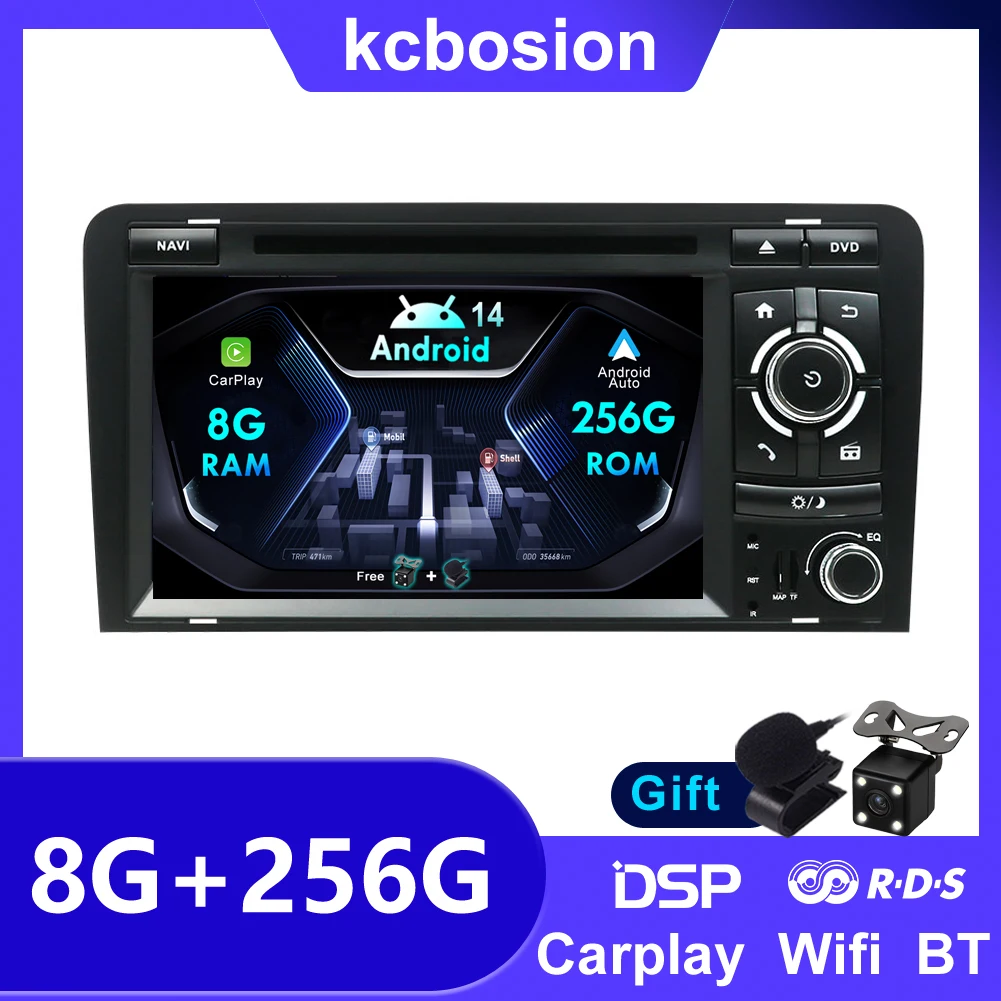 Android 14 Car Radio CarPlay Android Auto Car Stereo Car DVD player GPS Wifi BT 8G+256GB 2 din For Audi A3 8P S3 RS3 Sportback