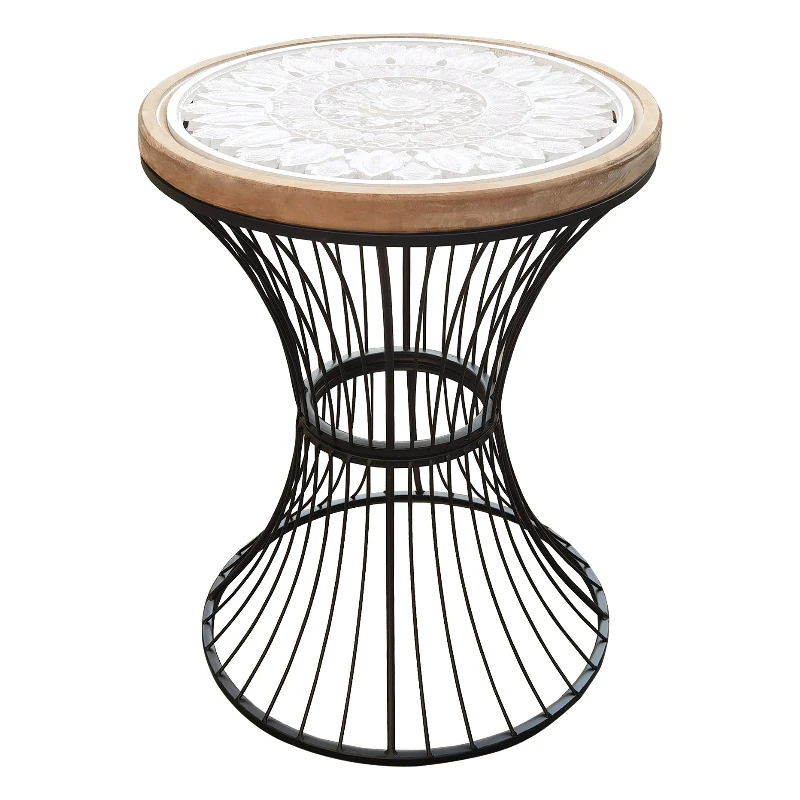 

American country living room sofa edge few wrought iron corner few solid wood carving flower retro round table small coffee