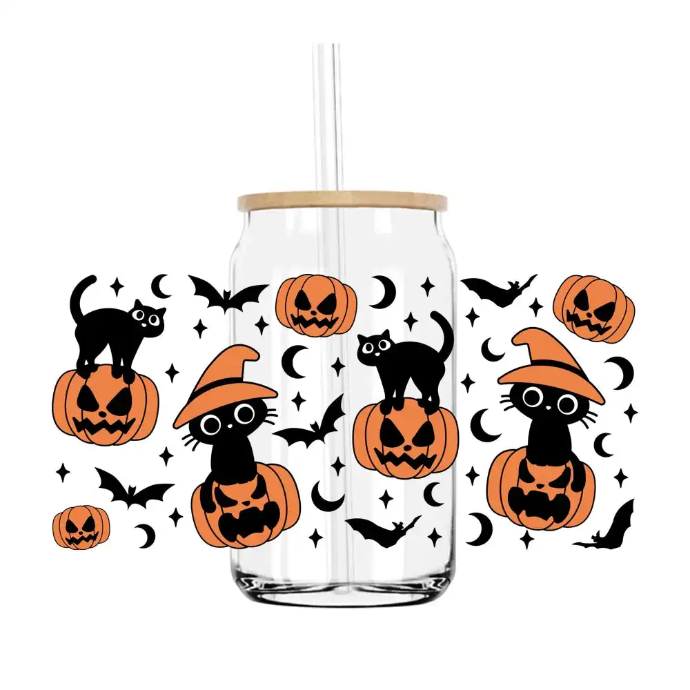 

Halloween Black Cat Pumpkin 16OZ UV DTF Cup Wrap Transfer Stickers Custom Label DIY Durable Waterproof Logo For Libbey Glass Can